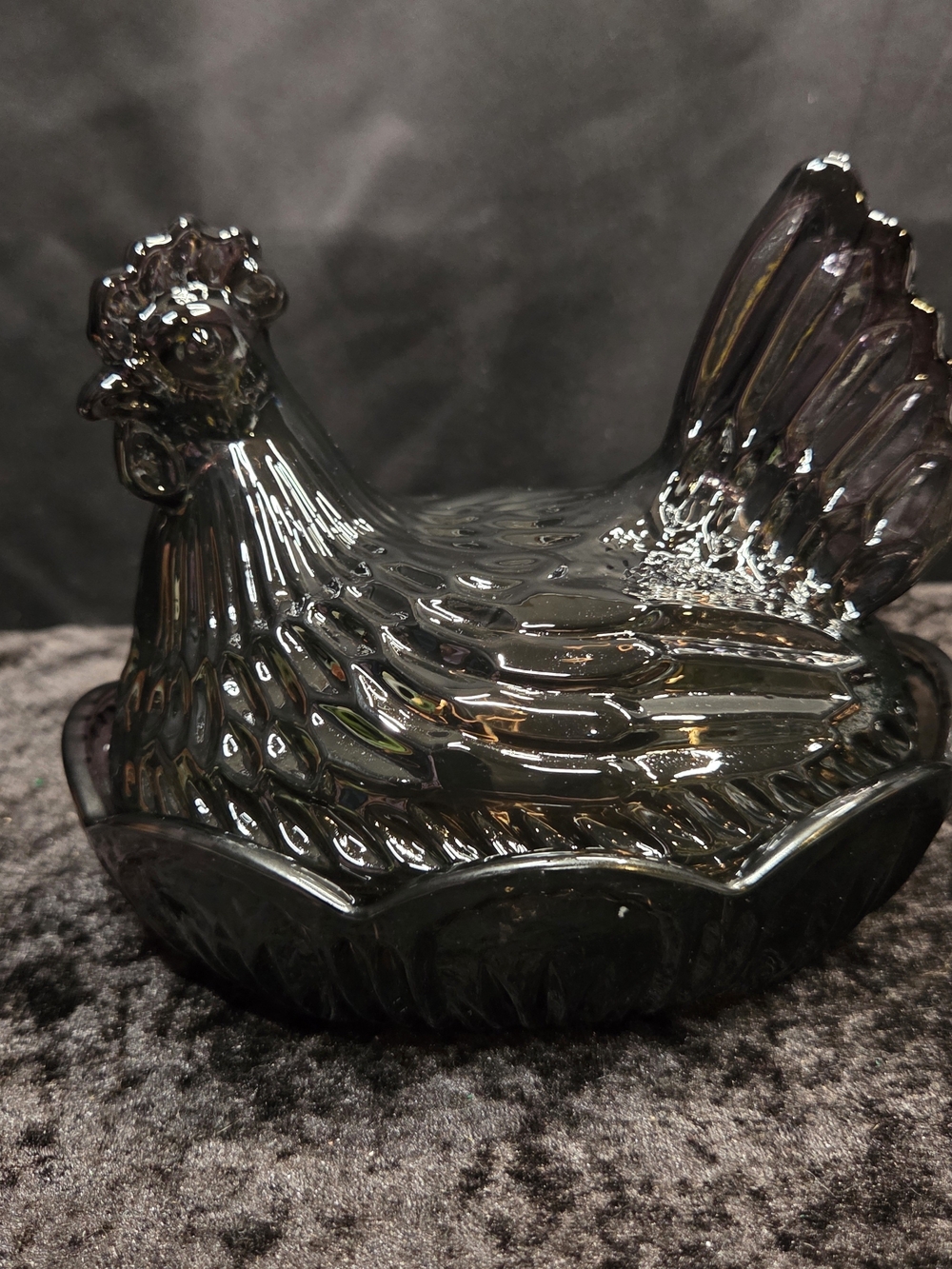 NEW BLACK Glass Hen Chicken Nest 7” W x 8.5” L x 7” H  Candy Display Dish